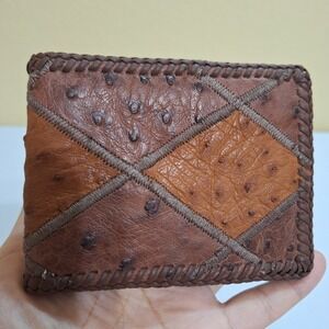 Genuine Ostrich Leather Patchwork Bifold Wallet Brown Handmade